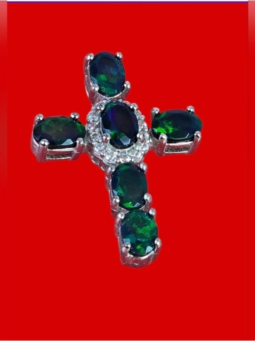 925 Sterling Silver Cross Pendant With Natural Black Opal & CZ
